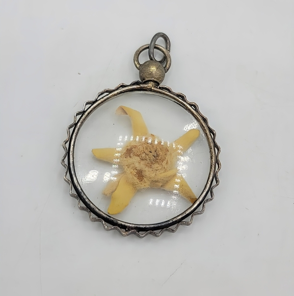 Vintage Jewelry - Vintage Lucite Starfish Pendant Domed Encased Specimen Silver Tone 1970s